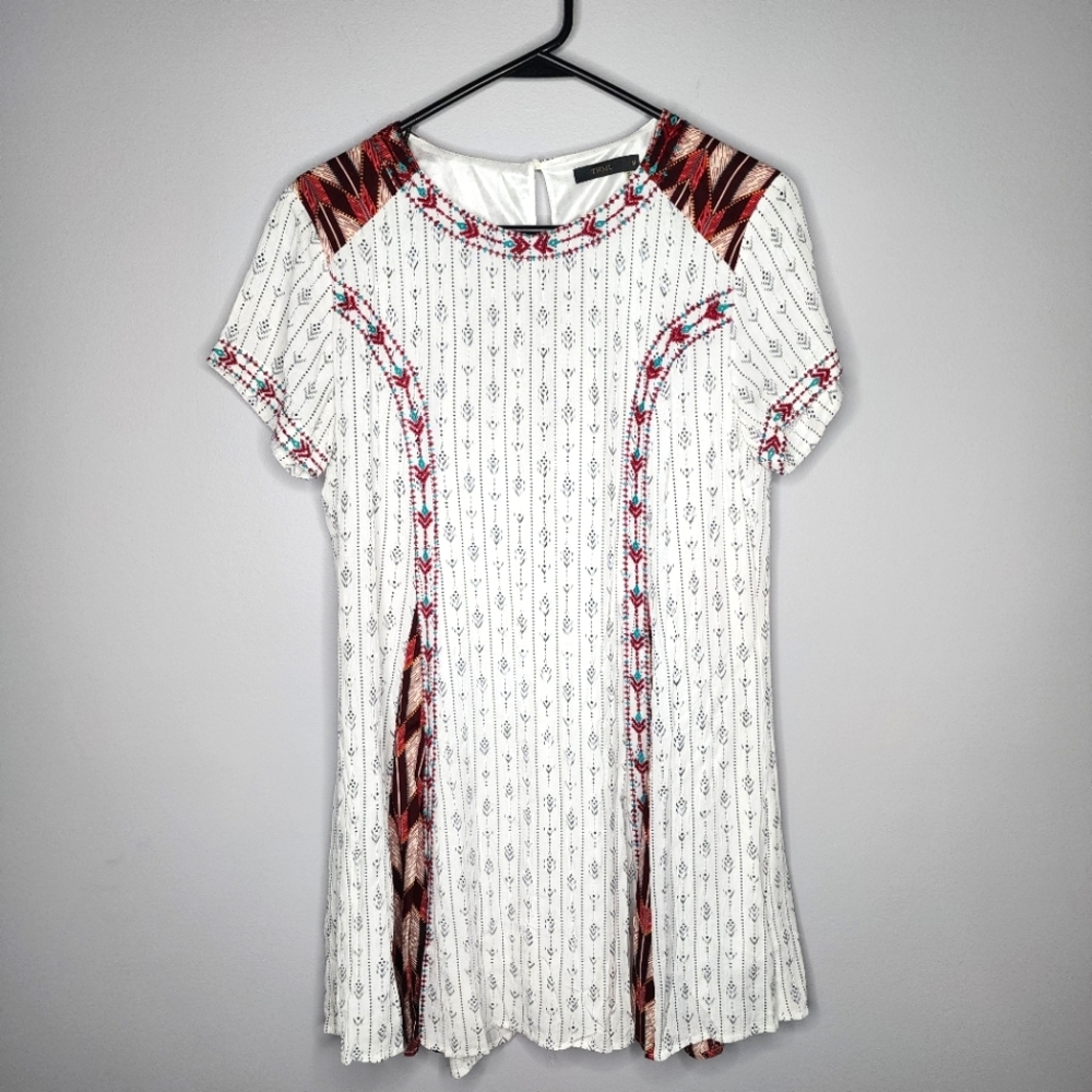 THML Embroidered Western Aztec Tribal Boho Mini Dress White Burgundy Red Size M